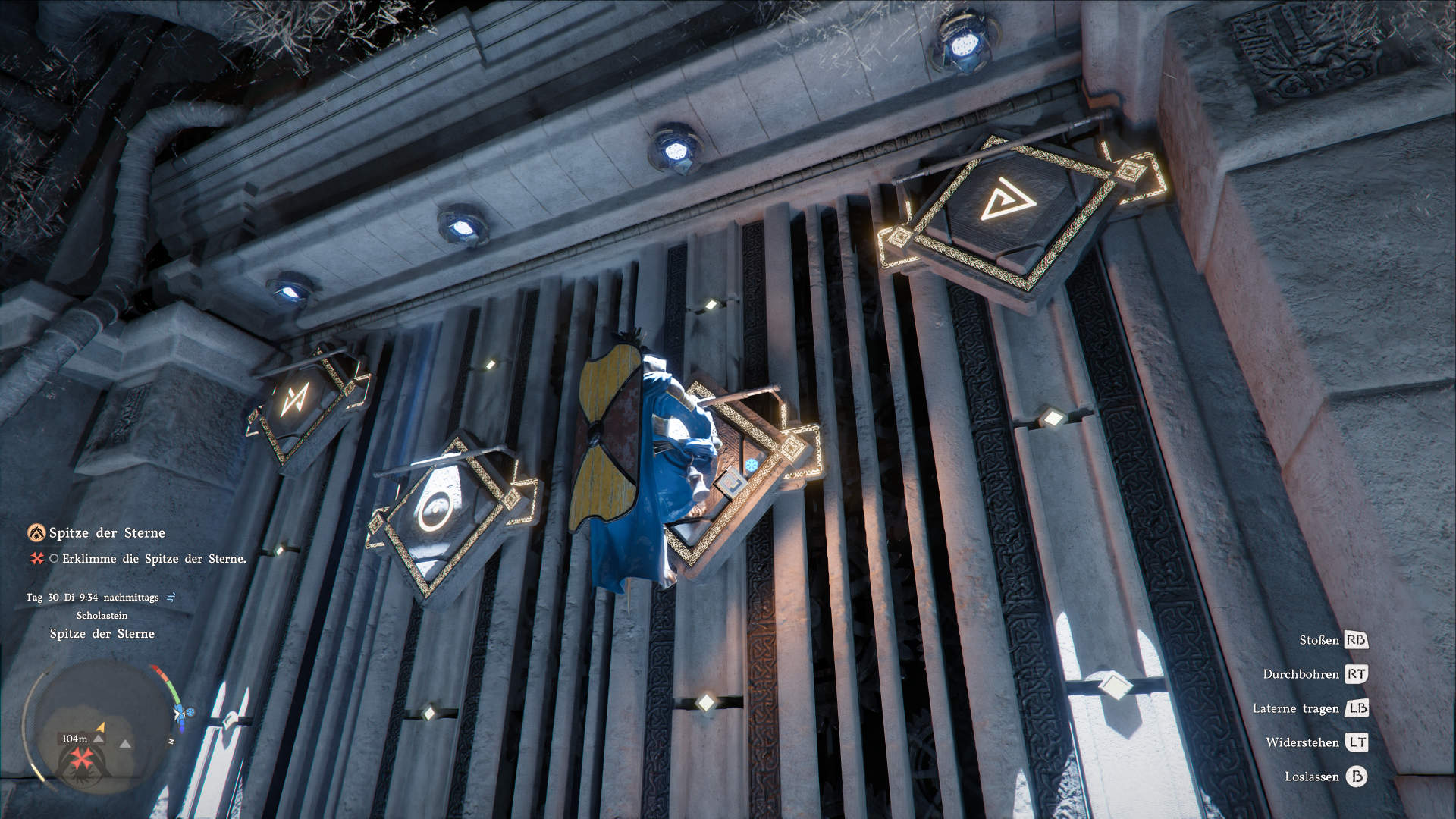 Kletterpassage im Turm der Spitze der Sterne: Held springt zwischen leuchtenden Symbol-Plattformen an einer Wand in Crimson Desert