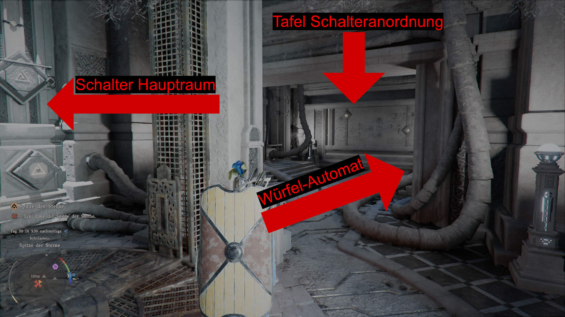 Crimson Desert Guide: Schalter im Hauptraum, Würfel-Automat und Tafel zur Schalteranordnung in „Spitze der Sterne“