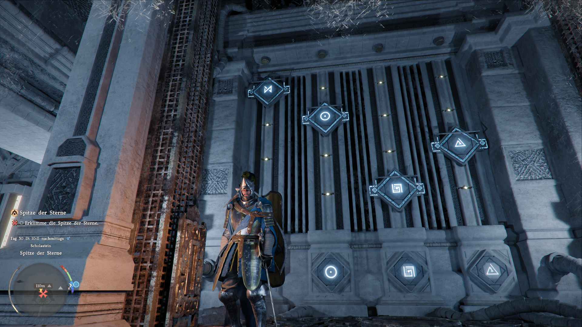 Schalterrätsel in der Spitze der Sterne: Wand mit leuchtenden Symbolen zeigt korrekte Anordnung der Runen in Crimson Desert