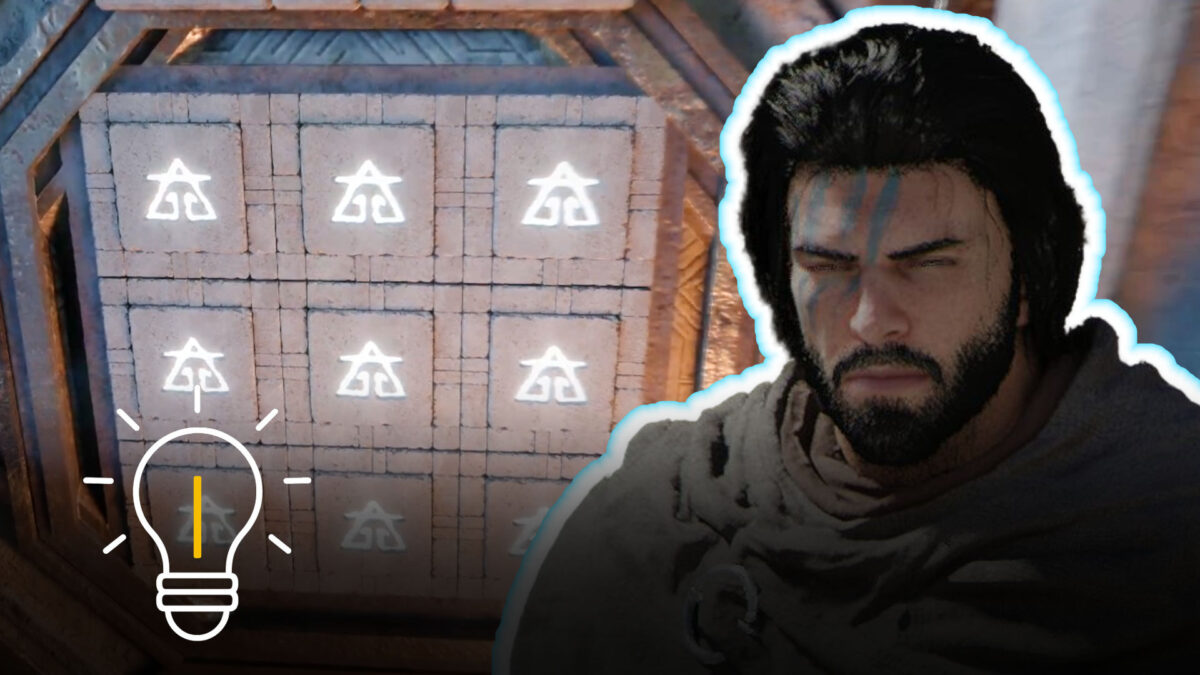 Cliff in front of a glowing switch puzzle in Crimson Desert: Stone slabs with symbols and a hint icon for the solution.