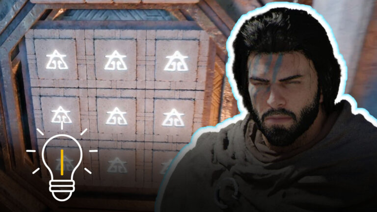 Cliff in front of a glowing switch puzzle in Crimson Desert: Stone slabs with symbols and a hint icon for the solution.