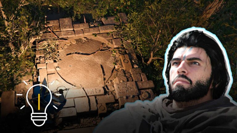 Headerbild: Held mit Glühbirnen-Icon vor steinernem Rätselkreis im Graumähne-Camp deutet auf Lösung des Schnellreisepunkts hin