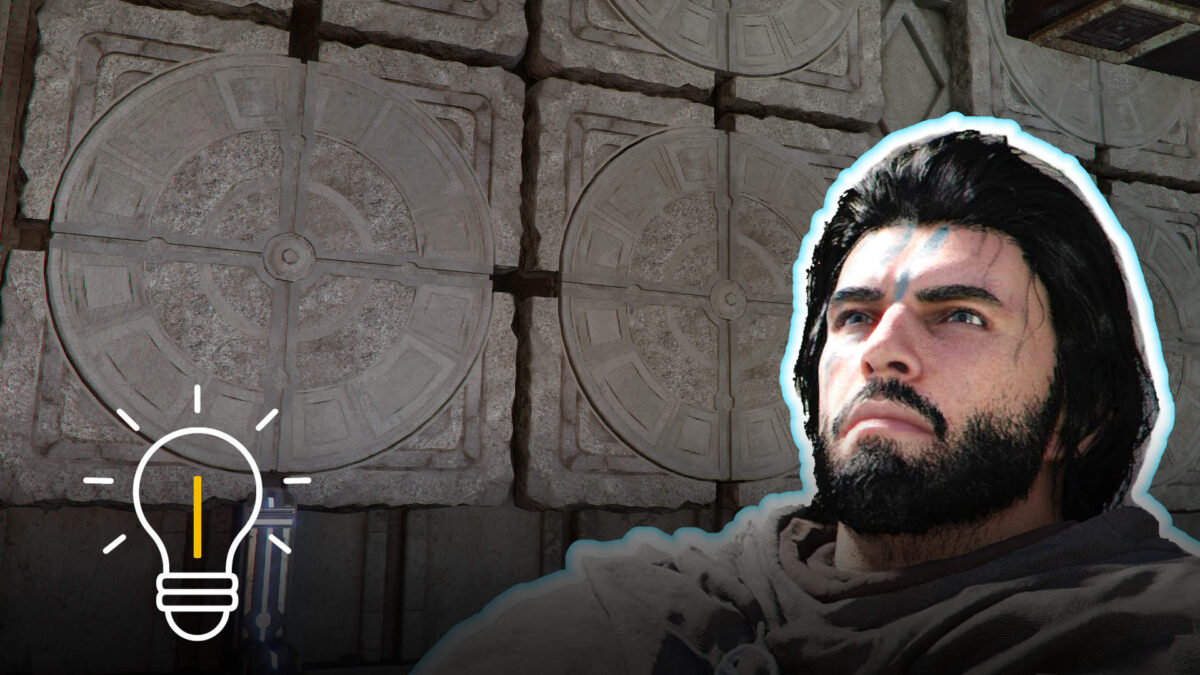 Krieger blickt auf rotierbare Steinpaneele – Puzzle-Hinweis zur Spitze des Aufstiegs in Crimson Desert