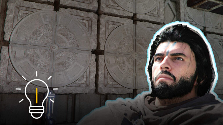 Krieger blickt auf rotierbare Steinpaneele – Puzzle-Hinweis zur Spitze des Aufstiegs in Crimson Desert