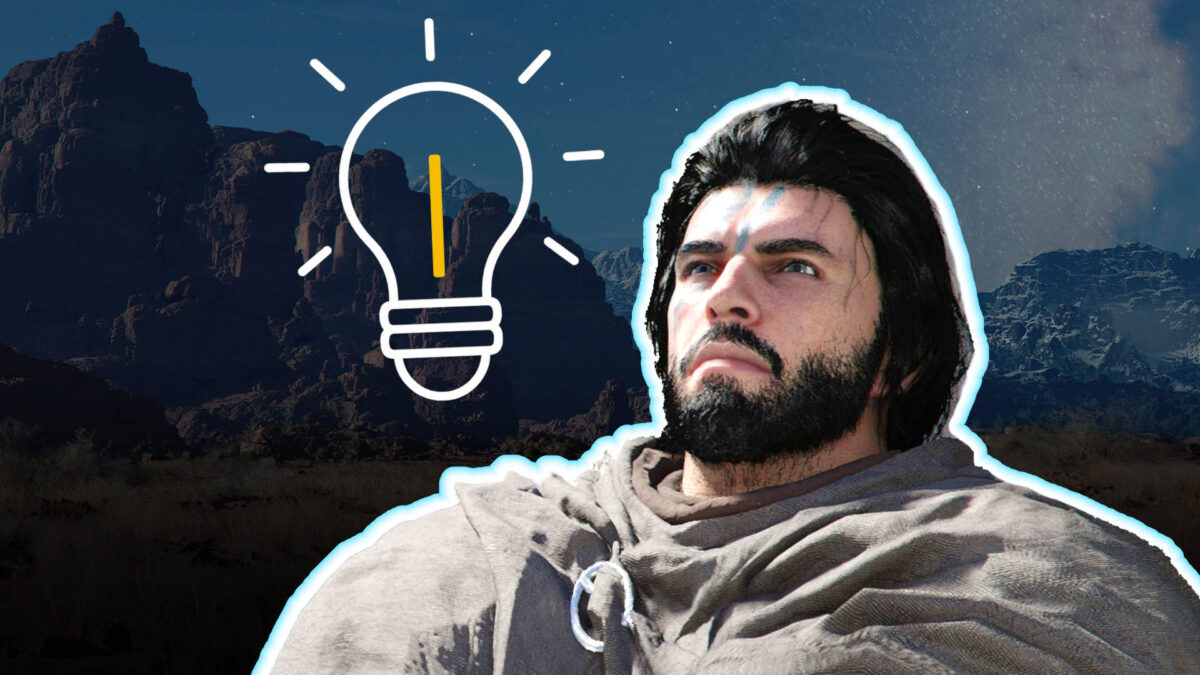 rimson Desert: Hauptfigur Kliff vor Felslandschaft mit Glühbirnen-Symbol – Motivbild für Tipps, Guide und Hilfen im Spiel