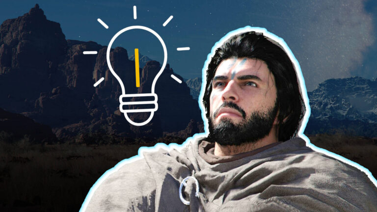 rimson Desert: Hauptfigur Kliff vor Felslandschaft mit Glühbirnen-Symbol – Motivbild für Tipps, Guide und Hilfen im Spiel