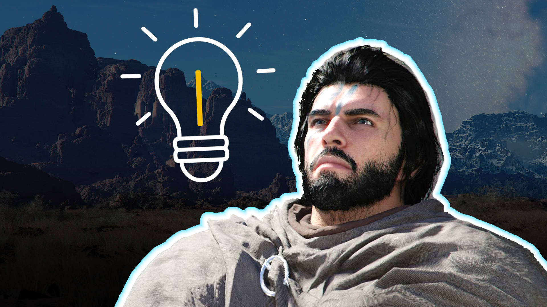 rimson Desert: Hauptfigur Kliff vor Felslandschaft mit Glühbirnen-Symbol – Motivbild für Tipps, Guide und Hilfen im Spiel