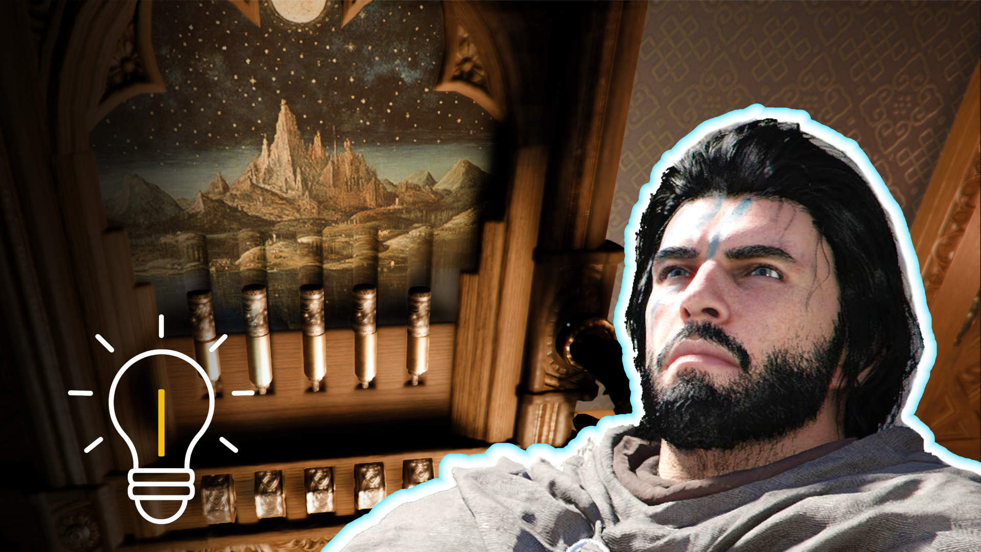 Puzzle image with levers and a landscape painting, with the main character standing beside it — a clue to solving the vault puzzle.