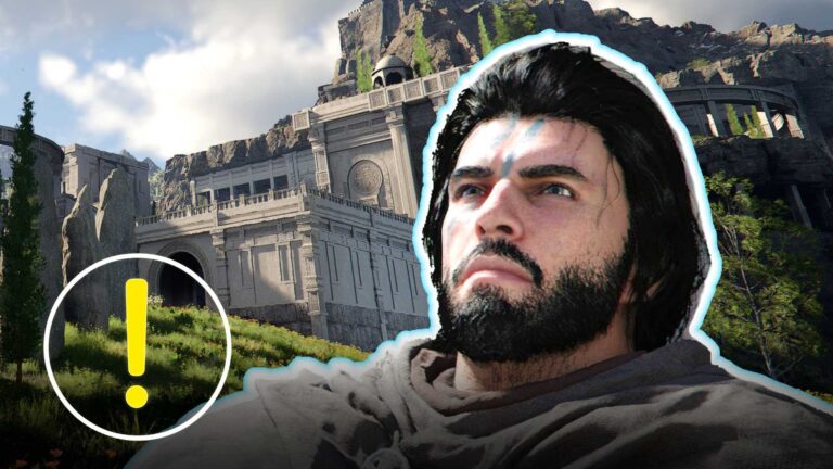 Crimson Desert: Krieger vor antiker Festung mit Questmarker – Hinweis auf neue Inhalte, Story-Update oder geheimes Gebiet im Patch