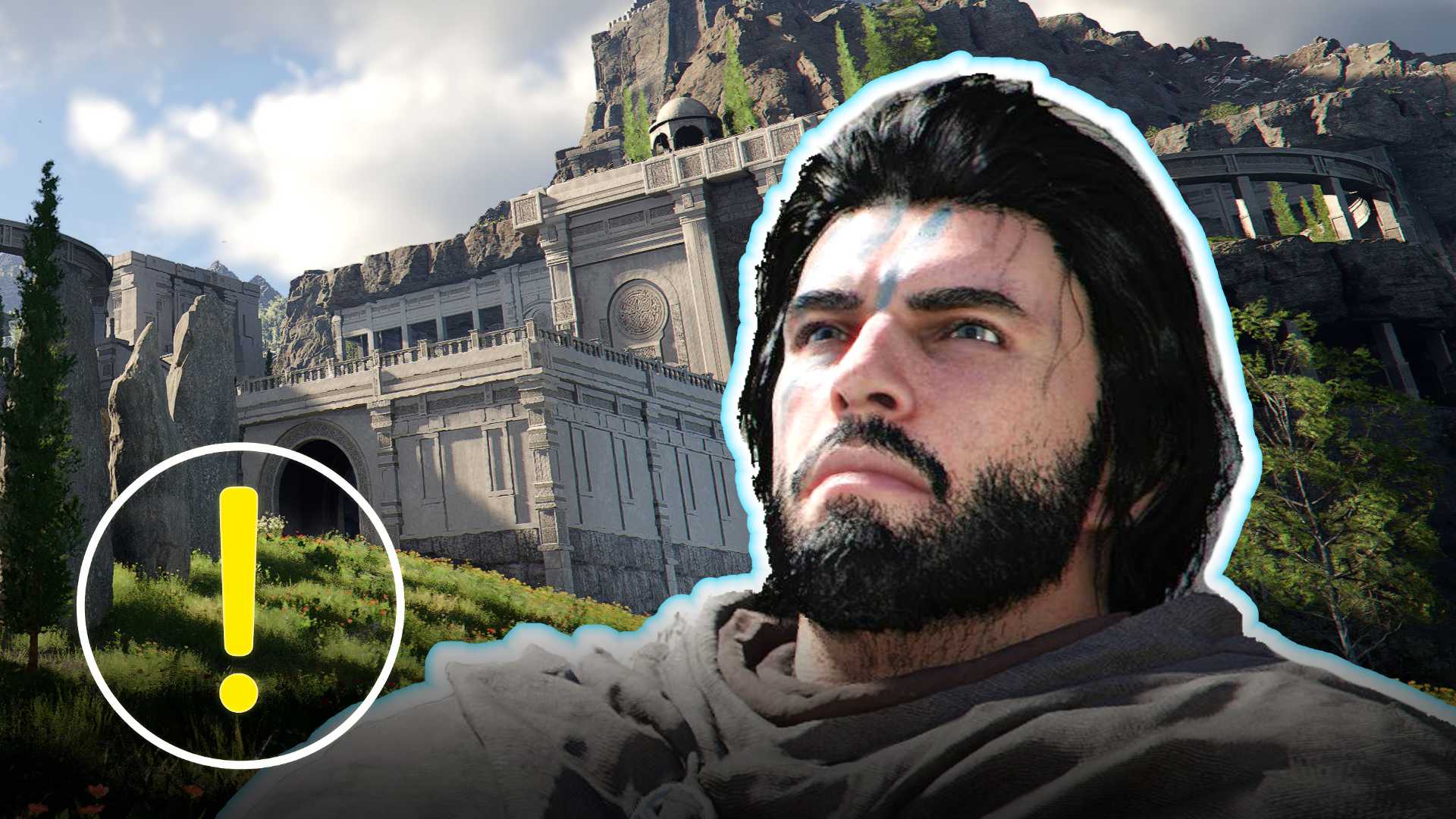 Crimson Desert: A warrior stands before an ancient fortress with a quest marker overhead — hinting at new content, a story update, or a hidden area in the latest patch.