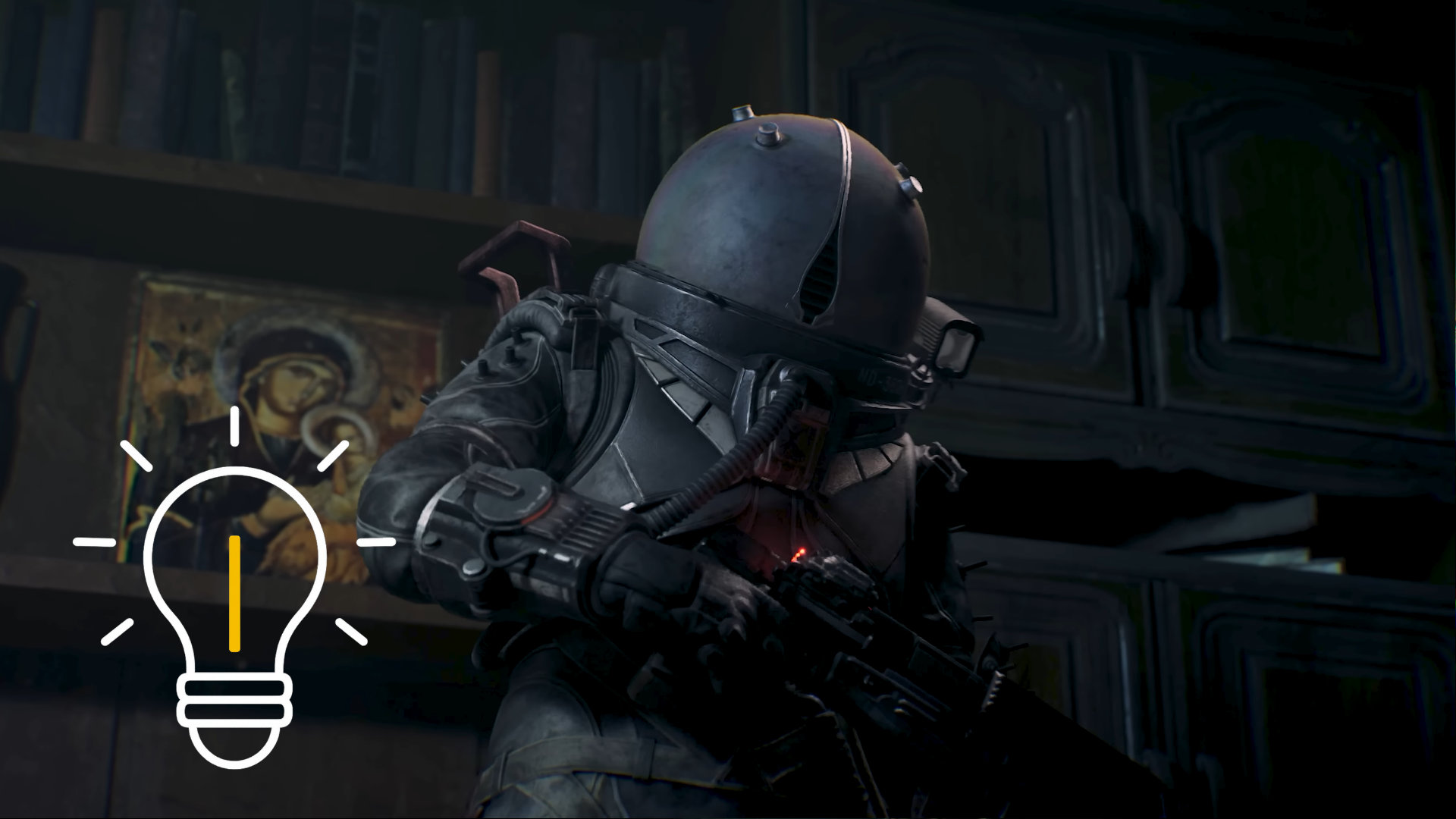 A soldier stands in front of a church door, reading a note with puzzle hints.