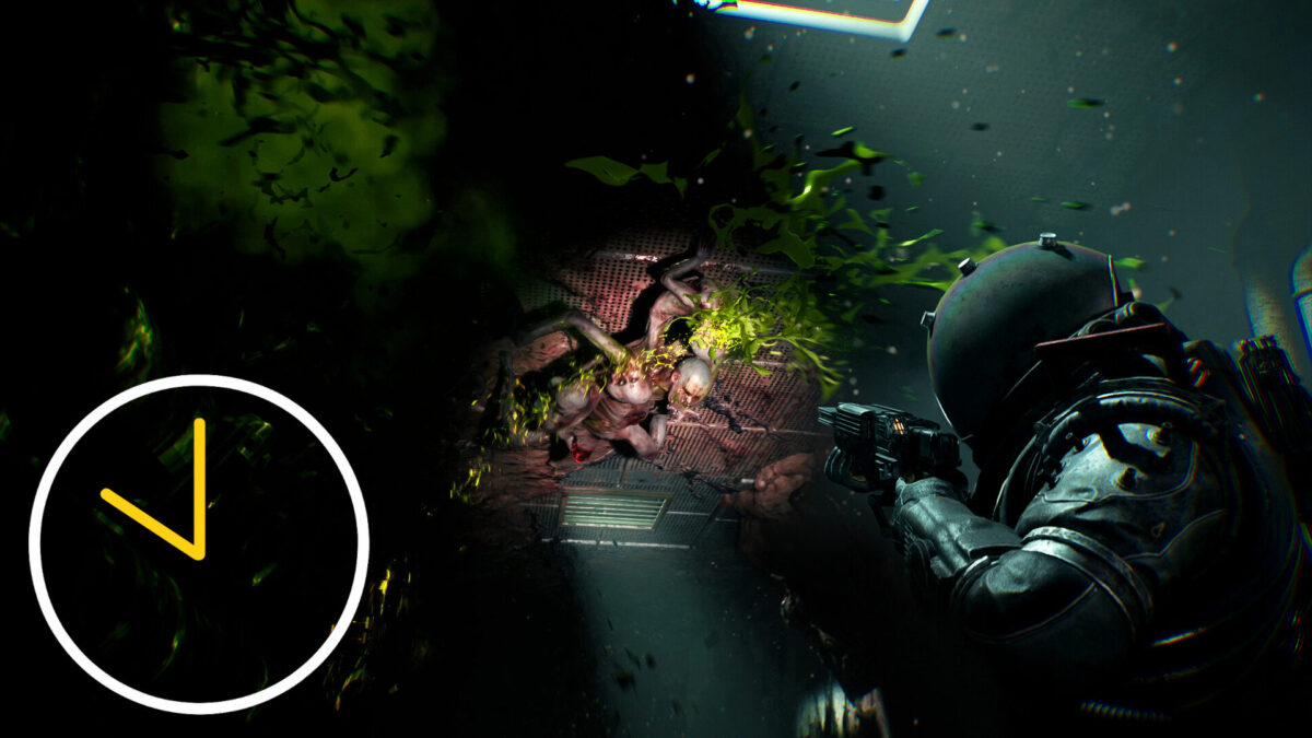 An astronaut fires at a mutated alien clinging to a wall.