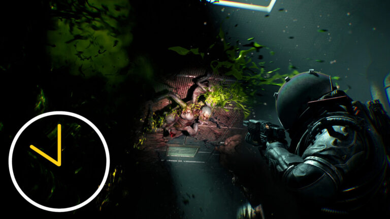 An astronaut fires at a mutated alien clinging to a wall.