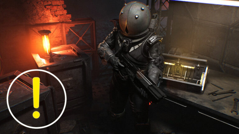 Ein Soldat mit einer Kugel auf dem Kopf und einem Gewehr in der Hand steht neben einem Tisch mit einer Leuchte. Links daneben ein gelbes Ausrufezeichen.