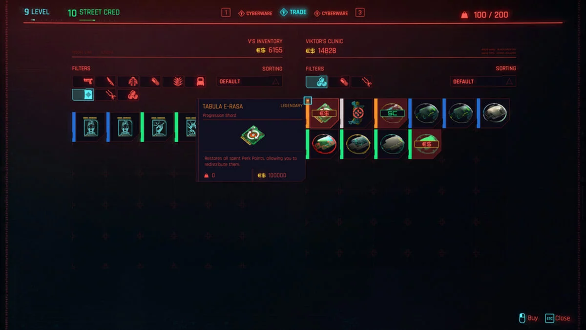 Cyberpunk 2077 attributes and perks Tabula E-Rasa in the sales menu of Ripperdoc Viktor vector