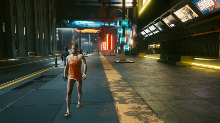 Male NPC with orange top and bathing shoes in Cyberpunk 2077