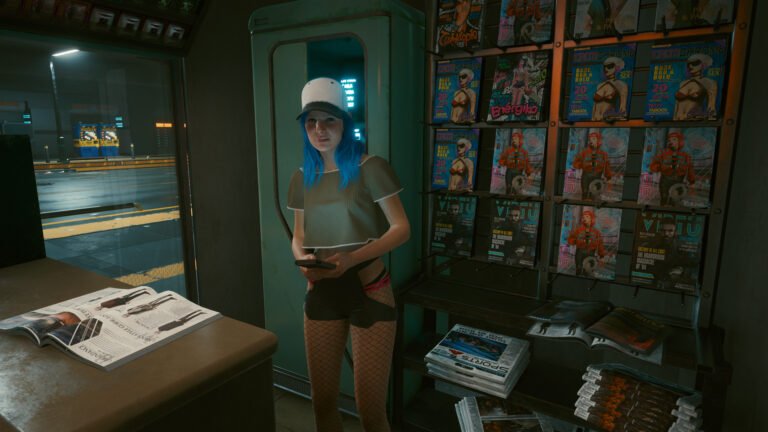 Saleswoman in a convenience store in Cyberpunk 2077