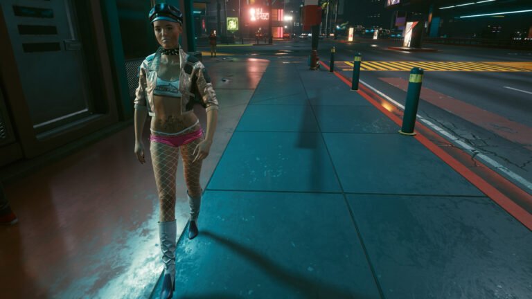 Female NPC with white fishnet stockings in Cyberpunk 2077