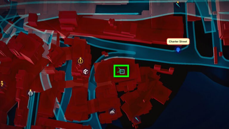 Map of Night City in Cyberpunk 2077 marking the location of cyberware legendary monowire.