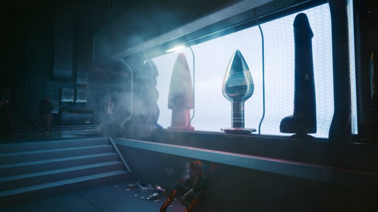 Giant dildos in a shop window in Cyberpunk 2077