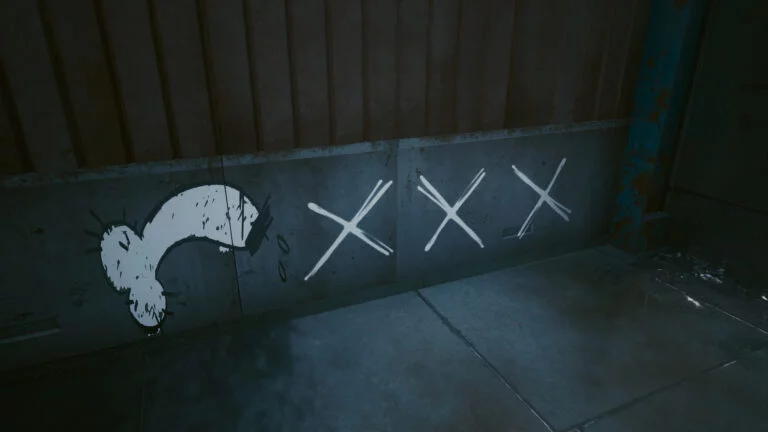 Penis graffiti on a wall in Cyberpunk 2077