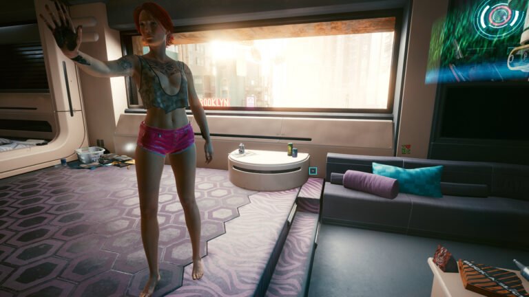 V in hot pants and a super revealing top in Cyberpunk 2077