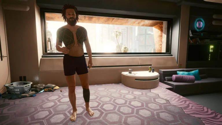 V in boxer shorts in Cyberpunk 2077