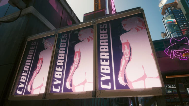 Dreifach-Cyberbabes-Werbung vor dem Lizzies in Cyberpunk 2077