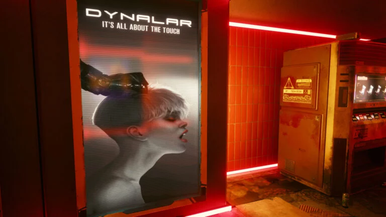 Dynalar commercial in Cyberpunk 2077, cyber hand grabing a woman's hair