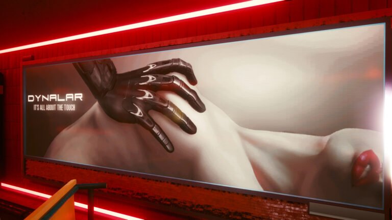 Dynalar advertisement in Cyberpunk 2077, cyber hands on female breast