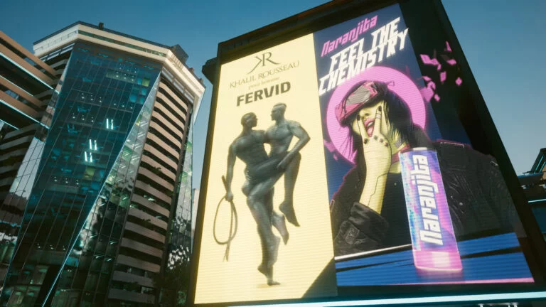 Fervid-Parfum-Werbung und Naranjita-Energy-Drink-Werbung in Cyberpunk 2077