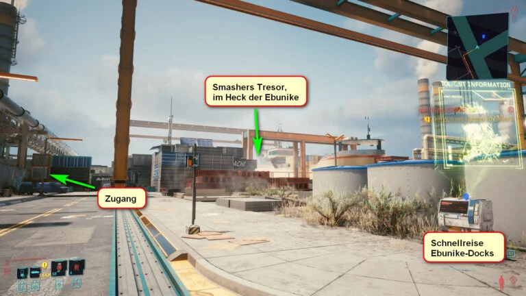 Blick auf die Ebunike-Docks mit Markierungen, wie man an Adam Smashers Tresor in Cyberpunk 2077 gelangt