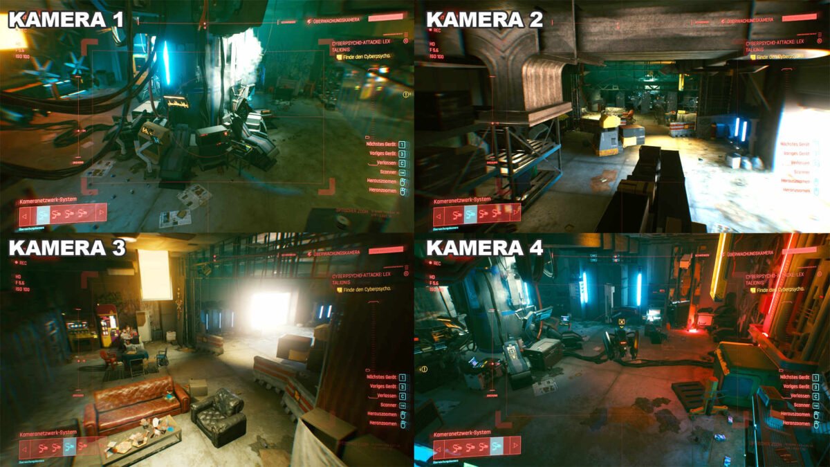 Cyberpunk 2077 Hacken-Guide Blick auf ein Missionsgebiet in Garage aus dem Blickwinkel von vier unterschiedlichen Sicherheitskameras