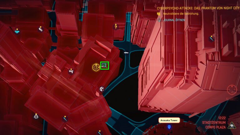 Karte von Night City in Cyberpunk 2077 mit Markierung für Position der kostenlosen legendären Mantisklingen 