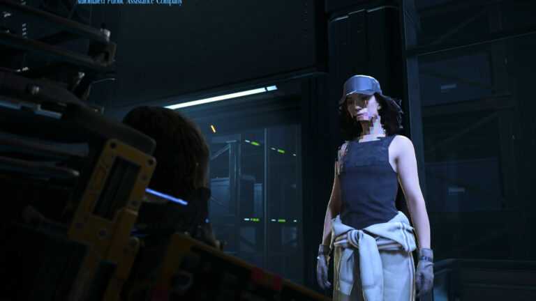 In Death Stranding 2 steht Lieferbote Sam vor einer Prepperin in einer Einrichtung.