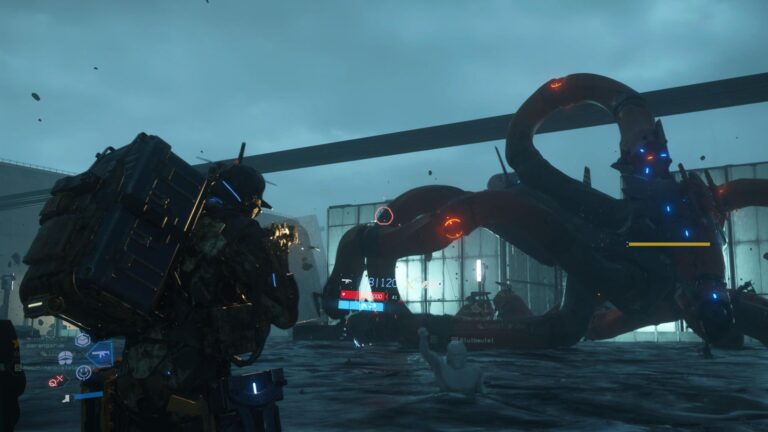 Eine Spielszene aus Death Stranding 2 zeigt, wie Sam auf ein krakenähnliches GD schießt.