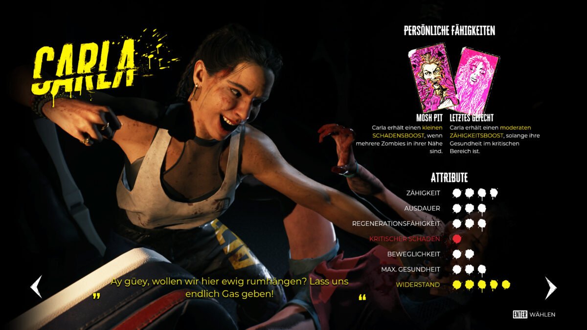 Der Charakterauswahlbildschirm von Dead Island 2 mit Carla im Fokus.