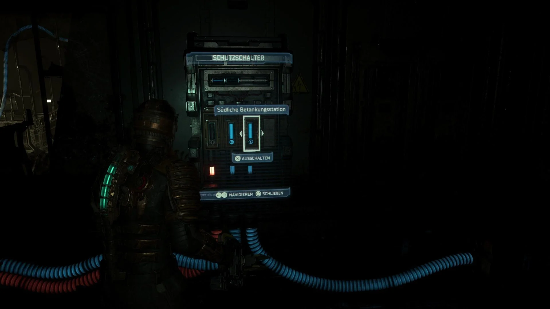Isaac legt in Dead Space einen Stromschalter um.