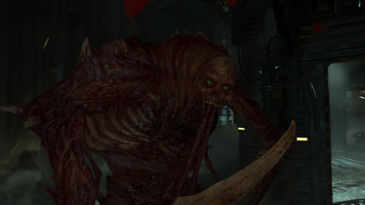 Ein grässlich entstelltes Monster namens Jäger fletscht in Dead Space die Zähne.