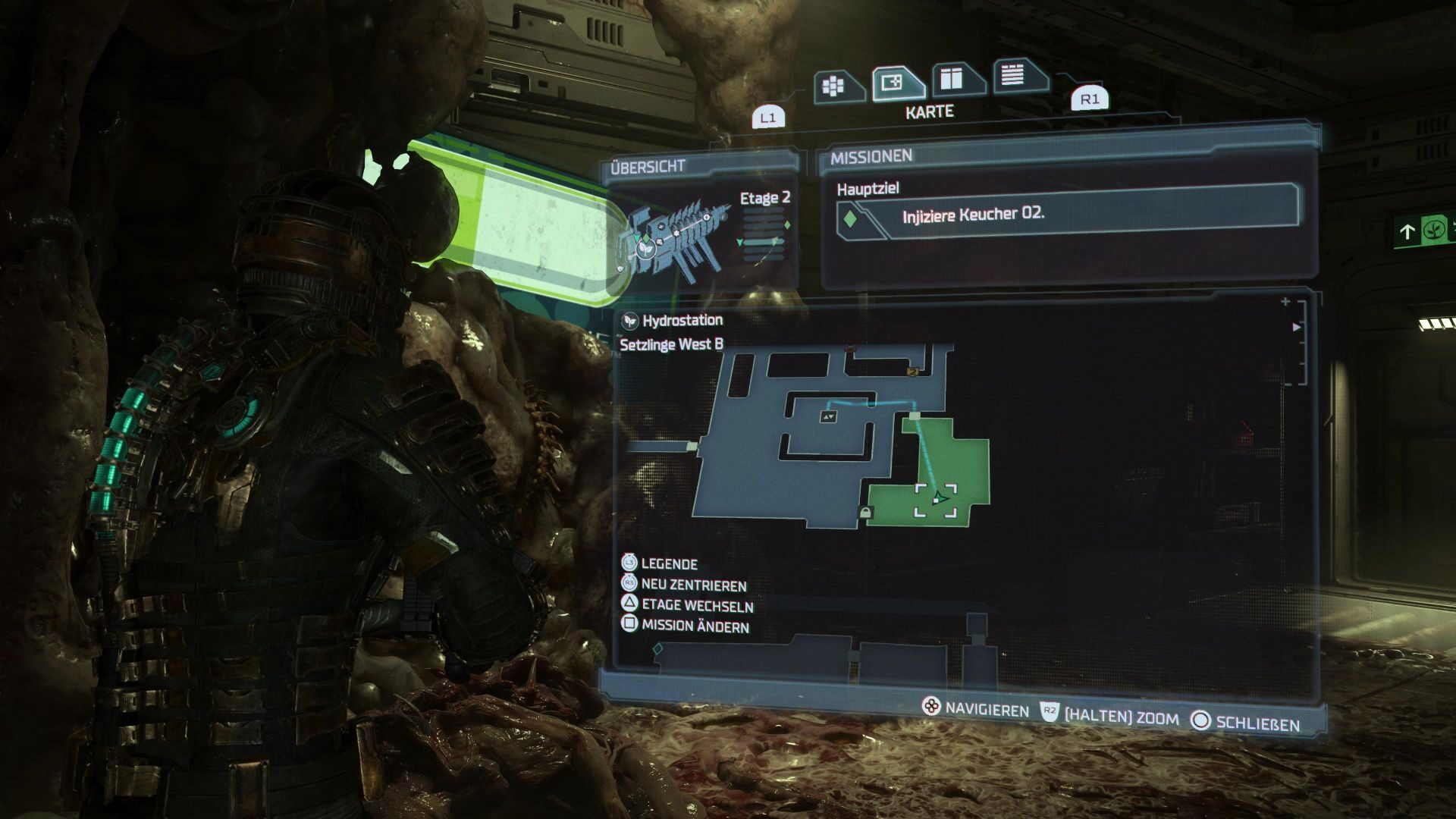 Isaac findet den ersten Keucher in Dead Space und markiert den Fundort auf einer Karte.