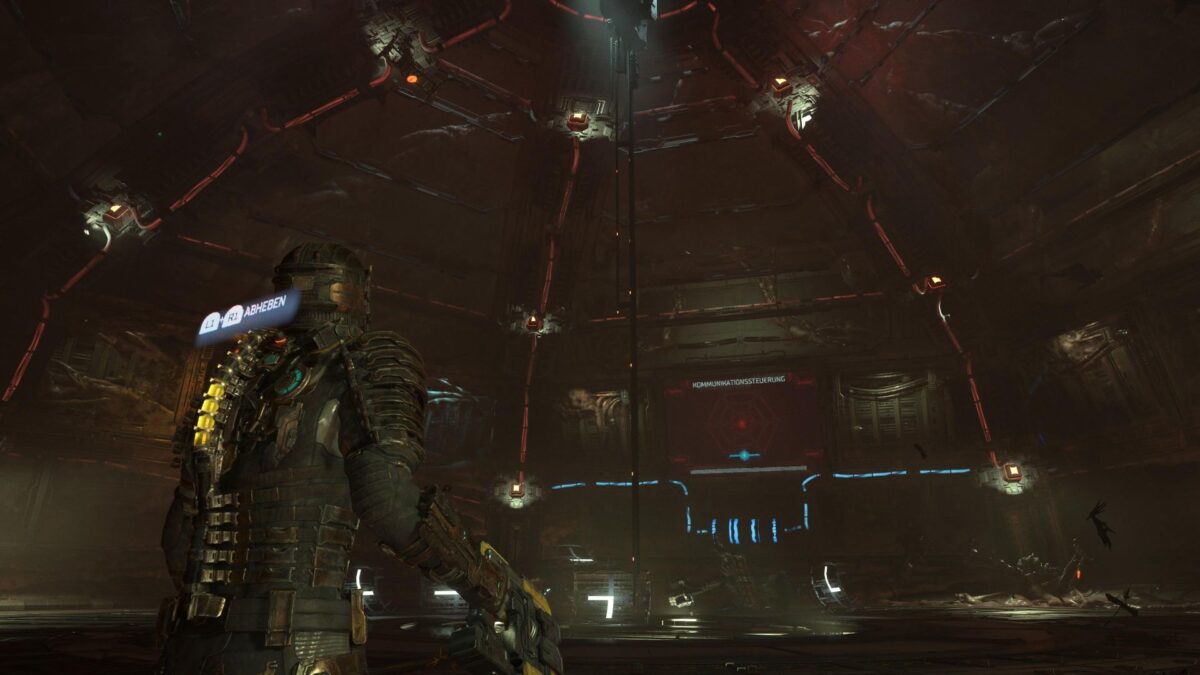 Isaac steht in Dead Space vor dem Komm-Array, einem Gitternetz, das über mehrere Knotenpunkte verbunden ist.