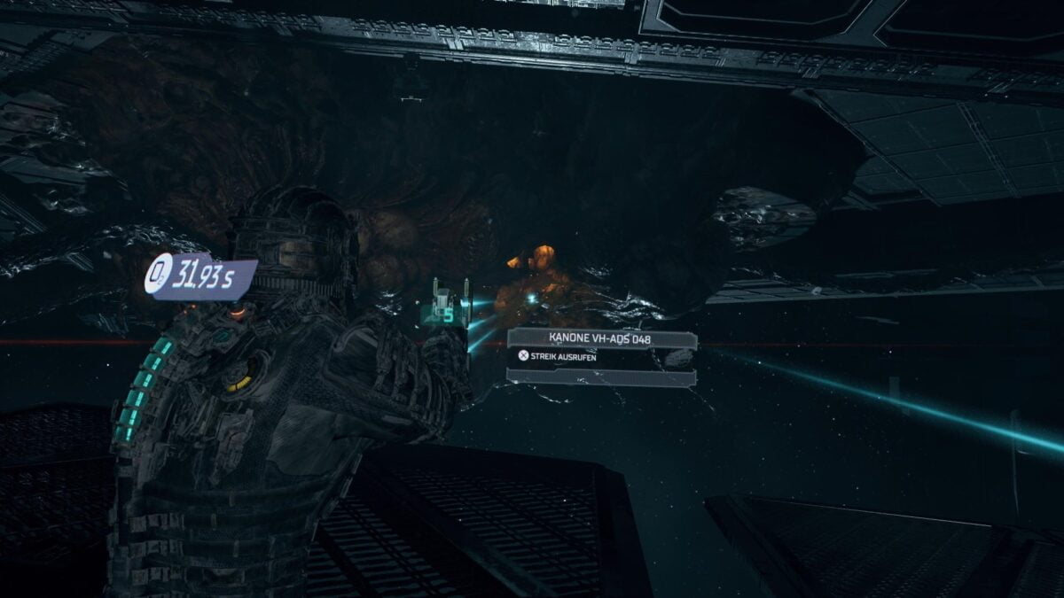 Isaac zielt in Dead Space mit einer AAS-Kanone auf den Kern des Leviathans.