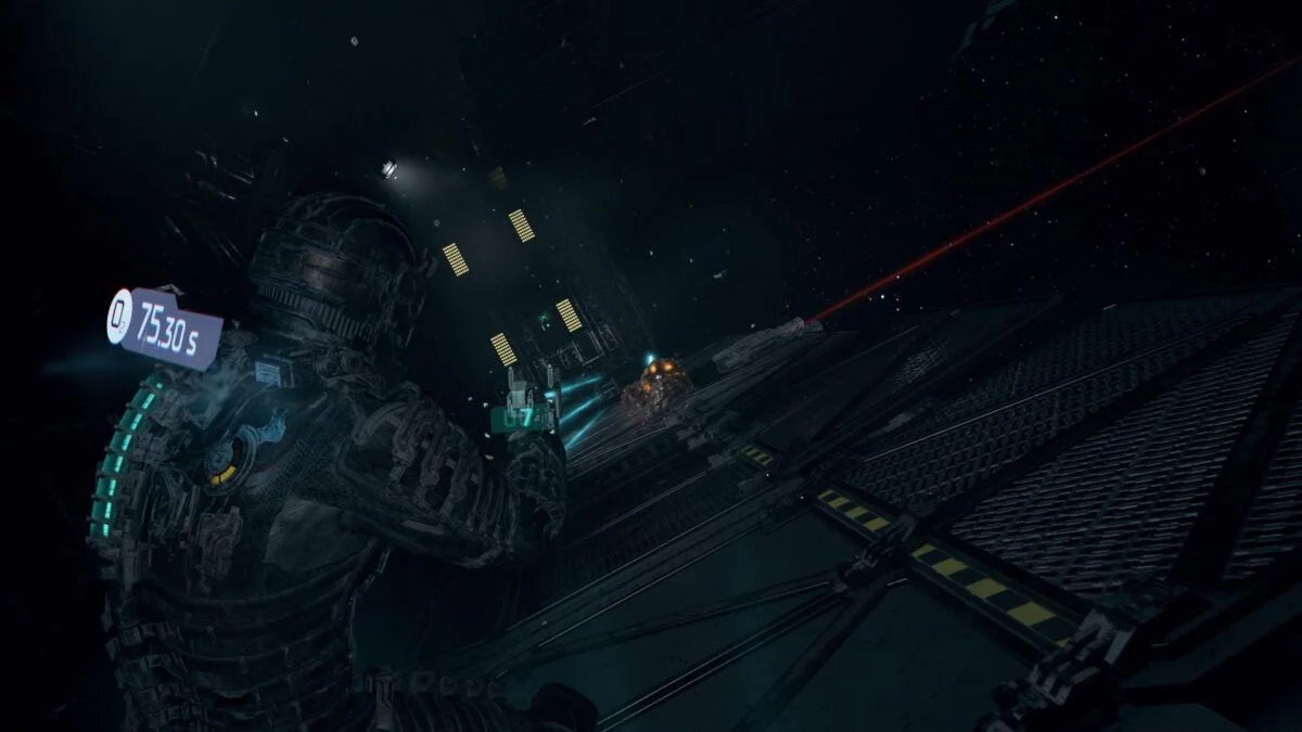 Isaac zielt in Dead Space auf eine Wucherung, die eine Kanone überdeckt.