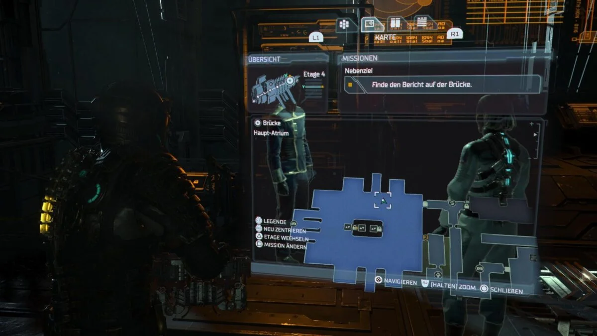 Isaac schaut sich in Dead Space eine Karte der Brücke der Raumstation Ishimura an.