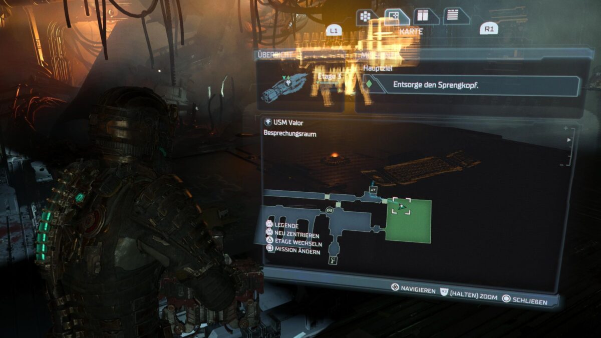Isaac sieht sich in Dead Space die Karte des Besprechungsraums der USM Valor an.