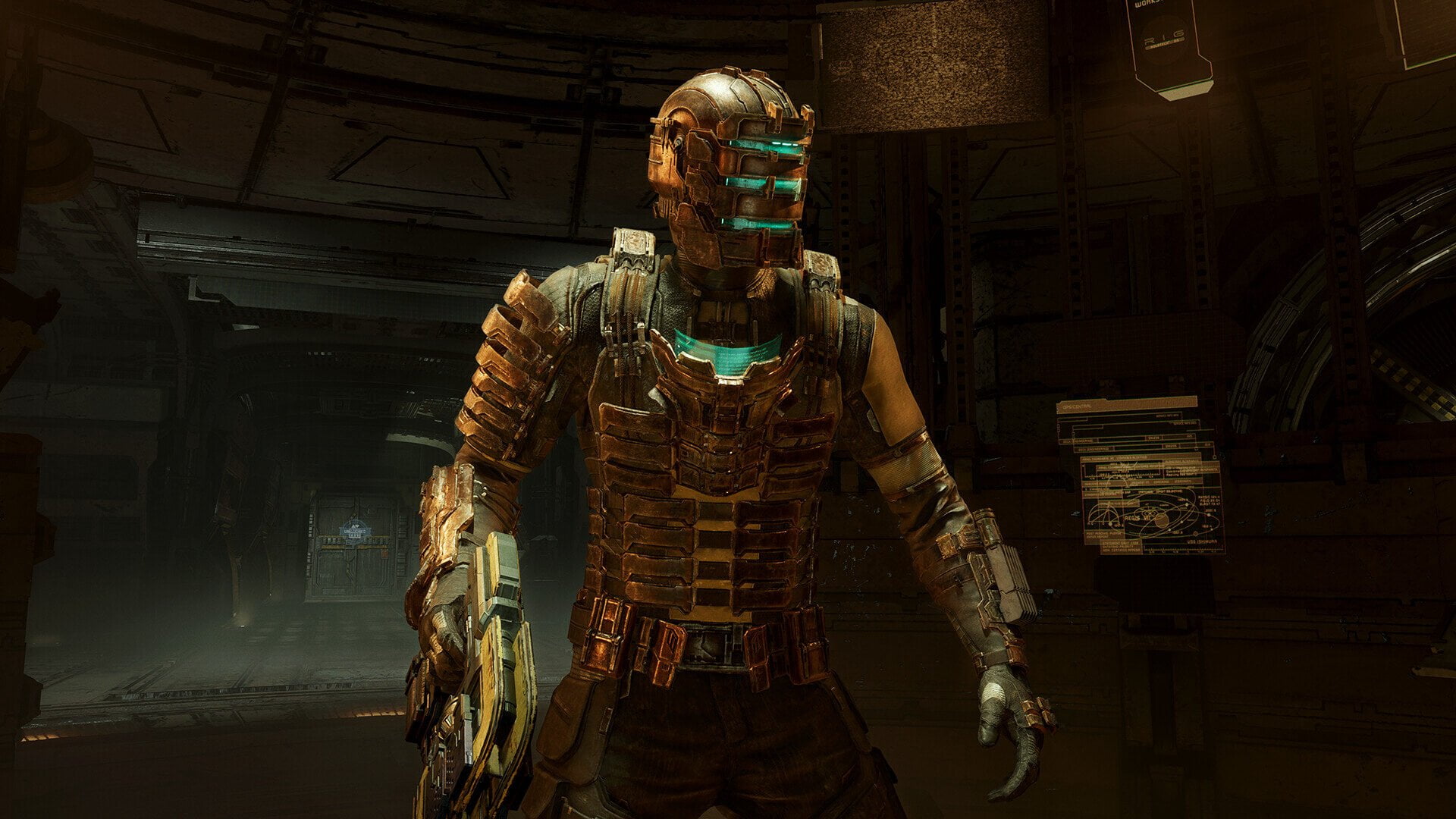 Protagonist Isaac steht im Videopsiel Dead Space Remake in einer Halle eines Raumschiffs mit einer Waffe in der Hand.