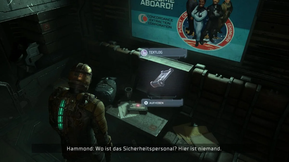 Isaac findet in Dead Space ein Textlog unter einem Werbebanner.