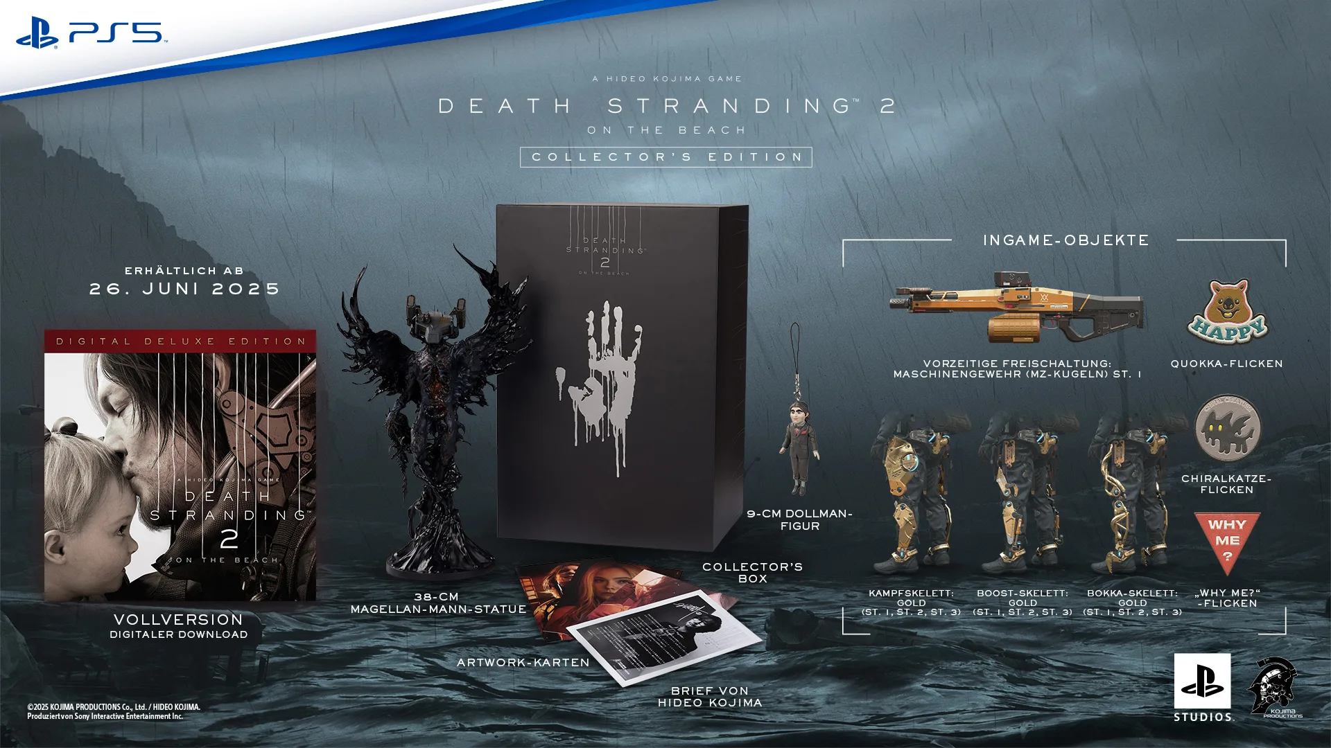 PS5-Collector's Edition von Death Stranding 2 mit Magellan-Statue, Sammlerbox, Dollman-Figur, Artwork-Karten und digitalen Bonusinhalten vor regnerischem Hintergrund.