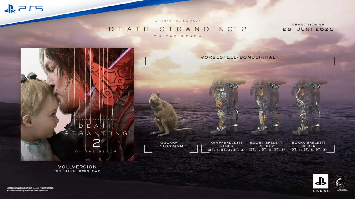 PS5-Werbebild für Death Stranding 2 mit Veröffentlichungsdatum, Vorbestellboni und Spielcover vor atmosphärischem Strandpanorama.
