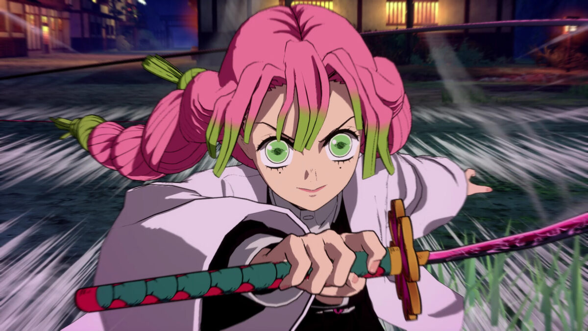 Ein Anime-Charakter mit pinken Haaren und einem Schwert in der Hand.